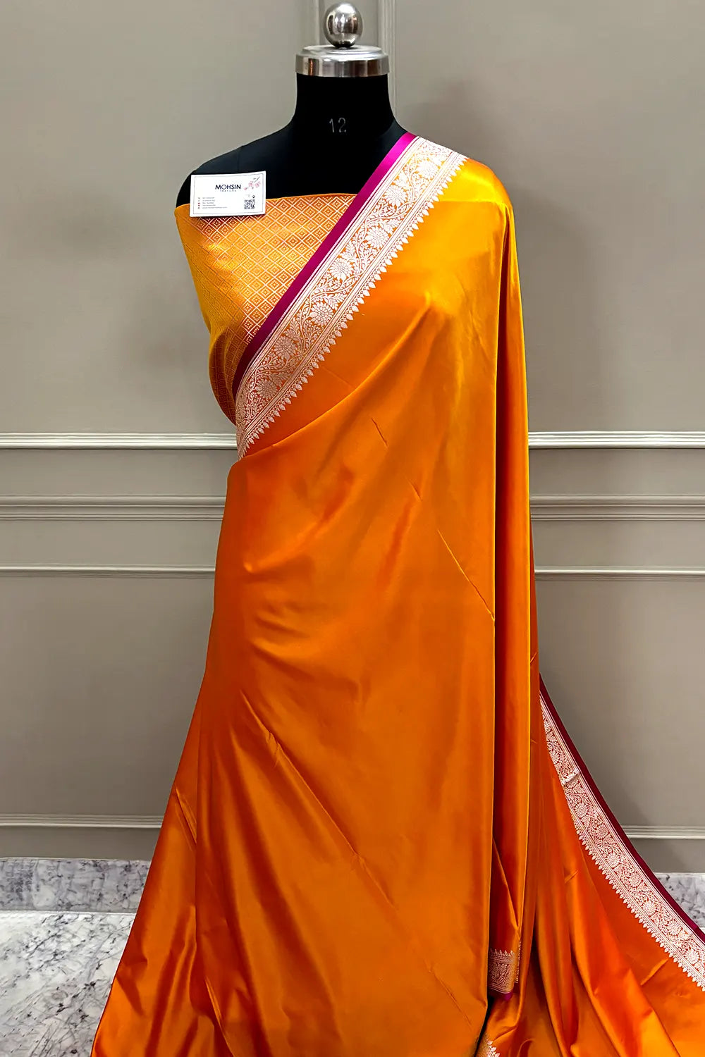 Orange Zari Border Katan Silk Banarasi Saree