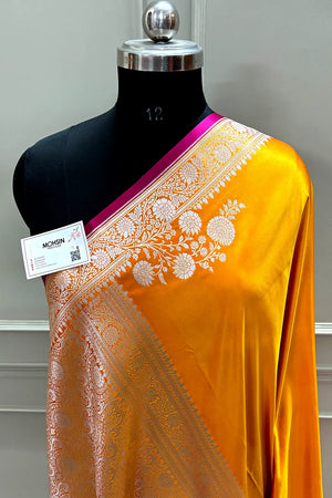 Orange Zari Border Katan Silk Banarasi Saree