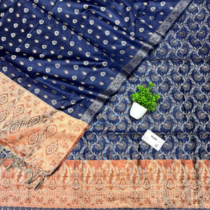 Navy Blue and Gold Zari Border Cotton Silk Banarasi Suit