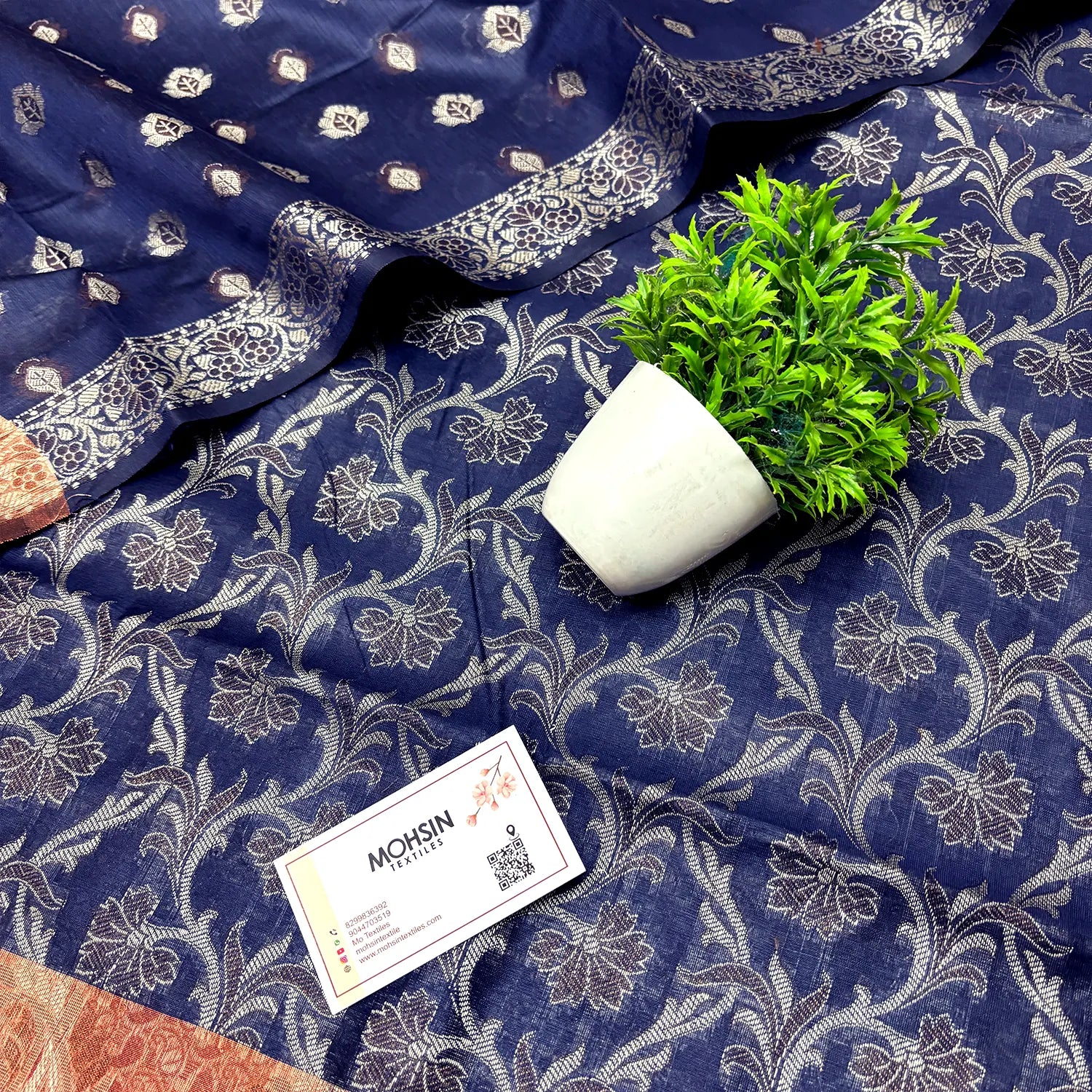 Navy Blue and Gold Zari Border Cotton Silk Banarasi Suit