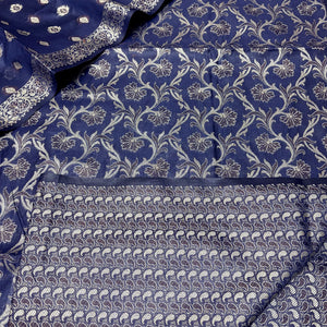 Navy Blue and Gold Zari Border Cotton Silk Banarasi Suit