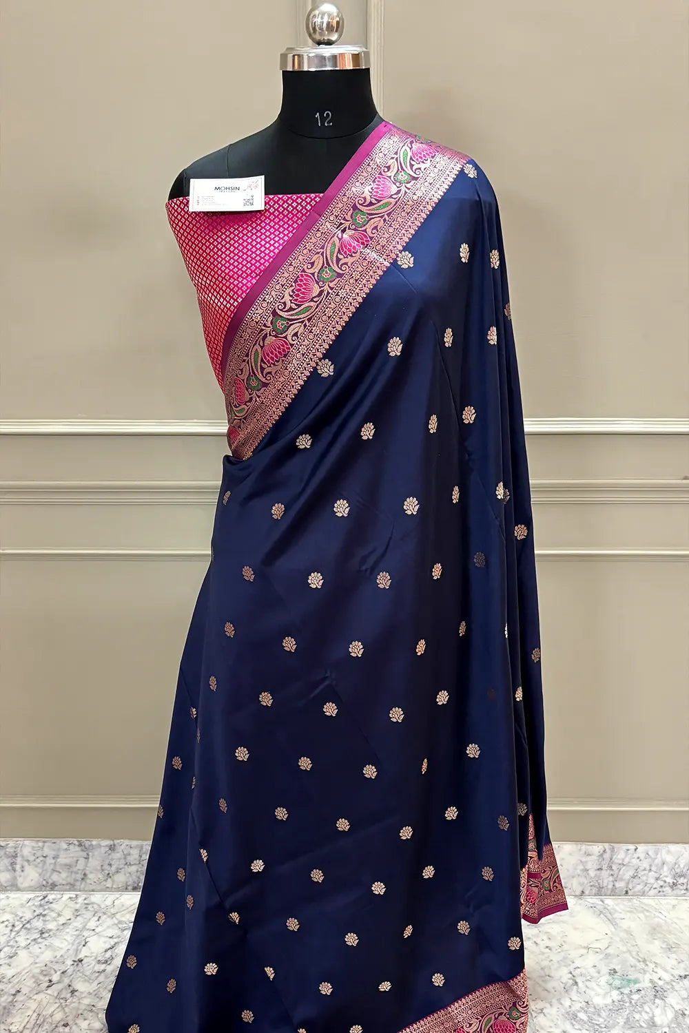 Navy Blue and Pink Buti Banarasi Silk Saree