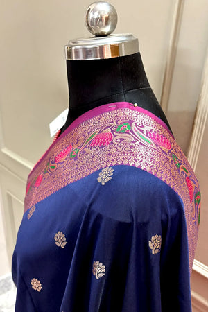 Navy Blue and Pink Buti Banarasi Silk Saree