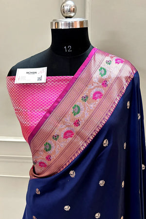 Navy Blue and Pink Buti Banarasi Silk Saree