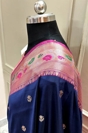 Navy Blue and Pink Buti Banarasi Silk Saree