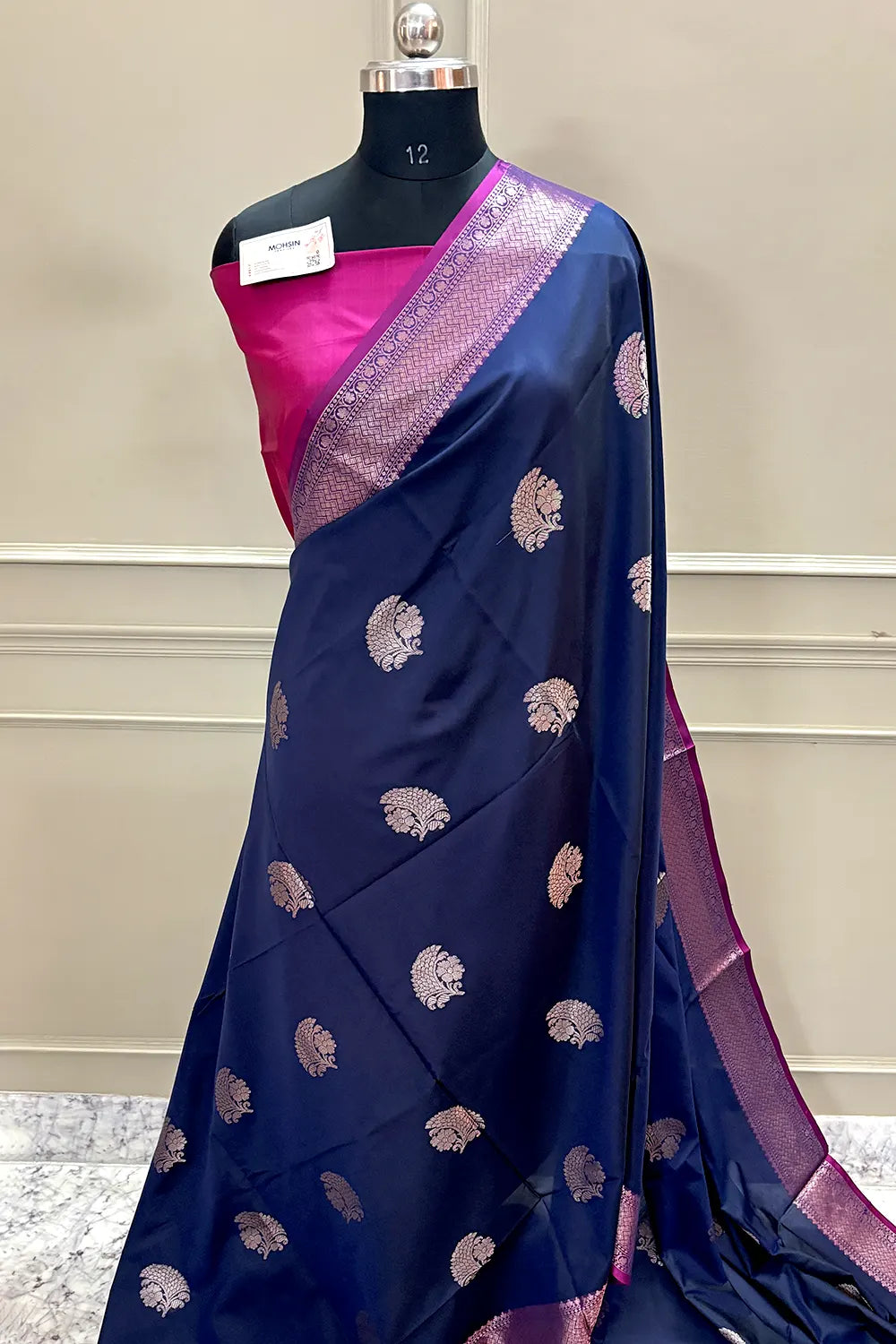 Navy Blue and Pink Golden Zari Banarasi Silk Saree