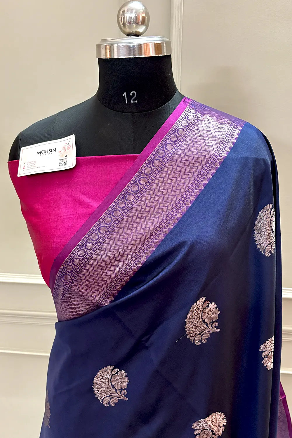 Navy Blue and Pink Golden Zari Banarasi Silk Saree