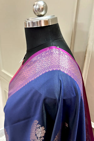 Navy Blue and Pink Golden Zari Banarasi Silk Saree