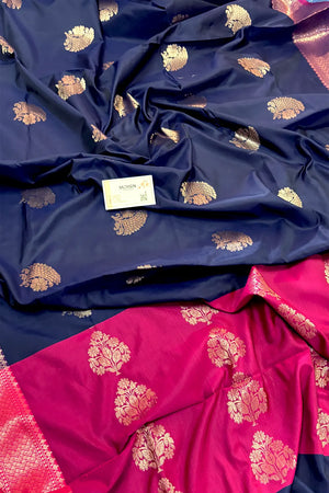 Navy Blue and Pink Golden Zari Banarasi Silk Saree