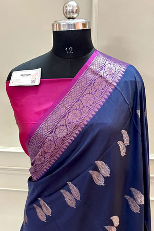 Navy Blue and Pink Golden Zari Banarasi Silk Saree