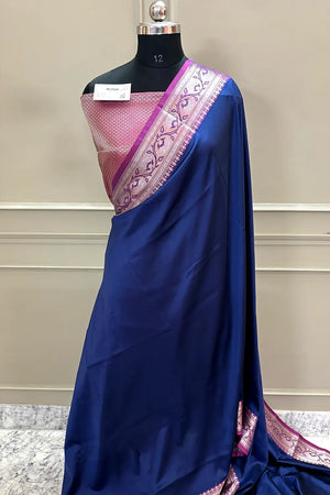 Navy Blue and Pink Plain Banarasi Silk Saree
