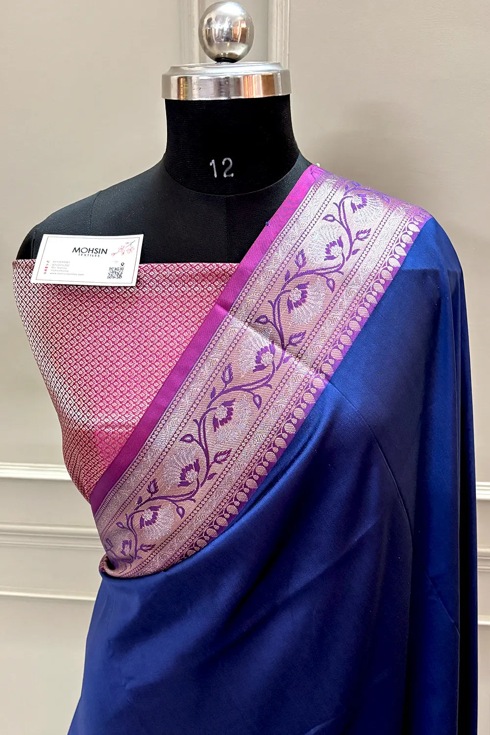 Navy Blue and Pink Plain Banarasi Silk Saree