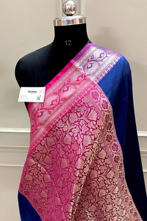 Navy Blue and Pink Plain Banarasi Silk Saree