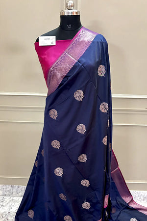 Navy Blue and Pink Zari Banarasi Silk Saree