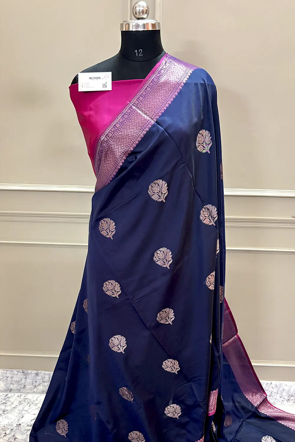 Navy Blue and Pink Zari Banarasi Silk Saree