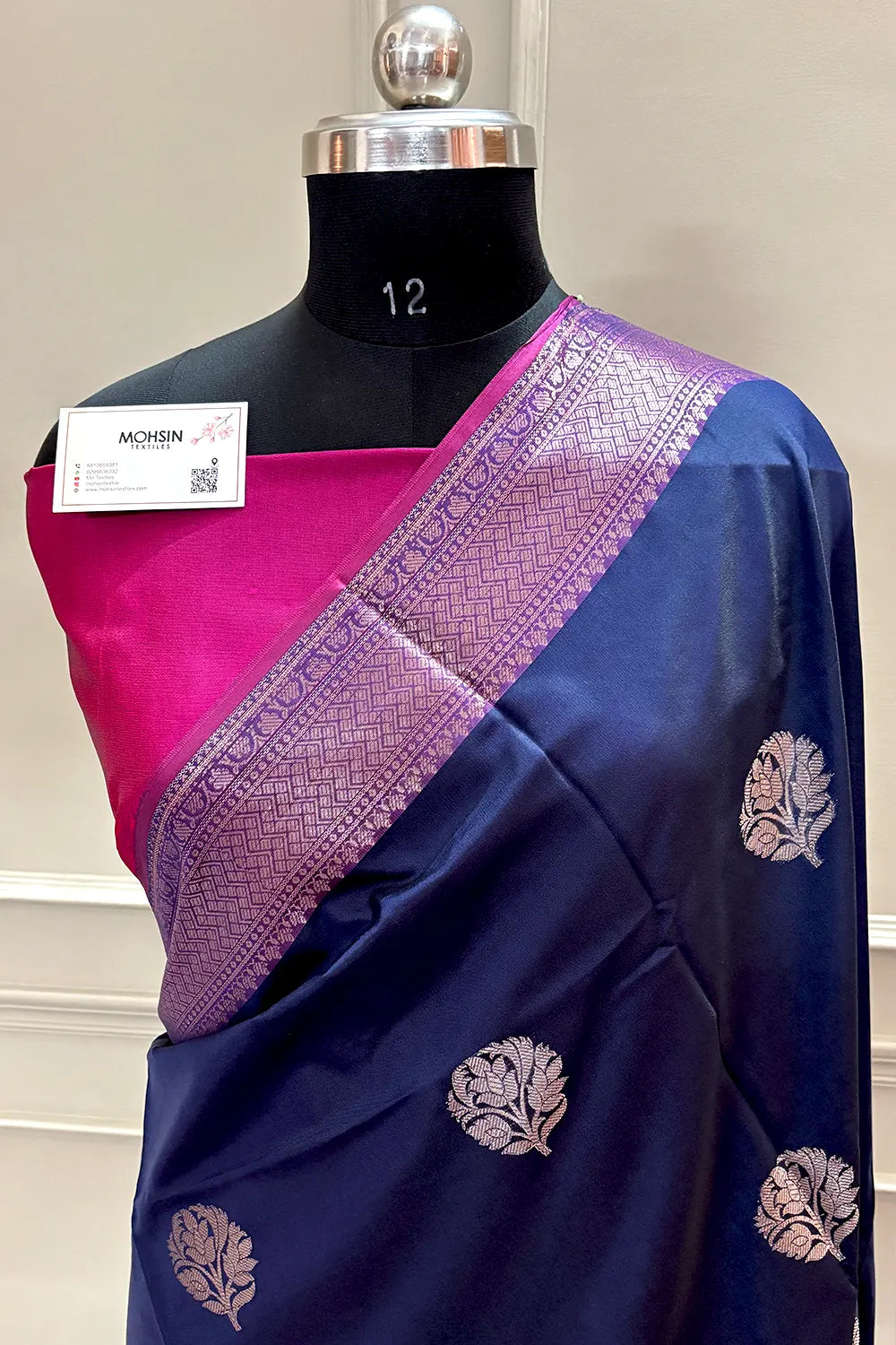Navy Blue and Pink Zari Banarasi Silk Saree