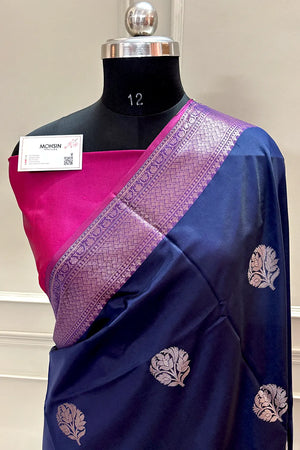 Navy Blue and Pink Zari Banarasi Silk Saree