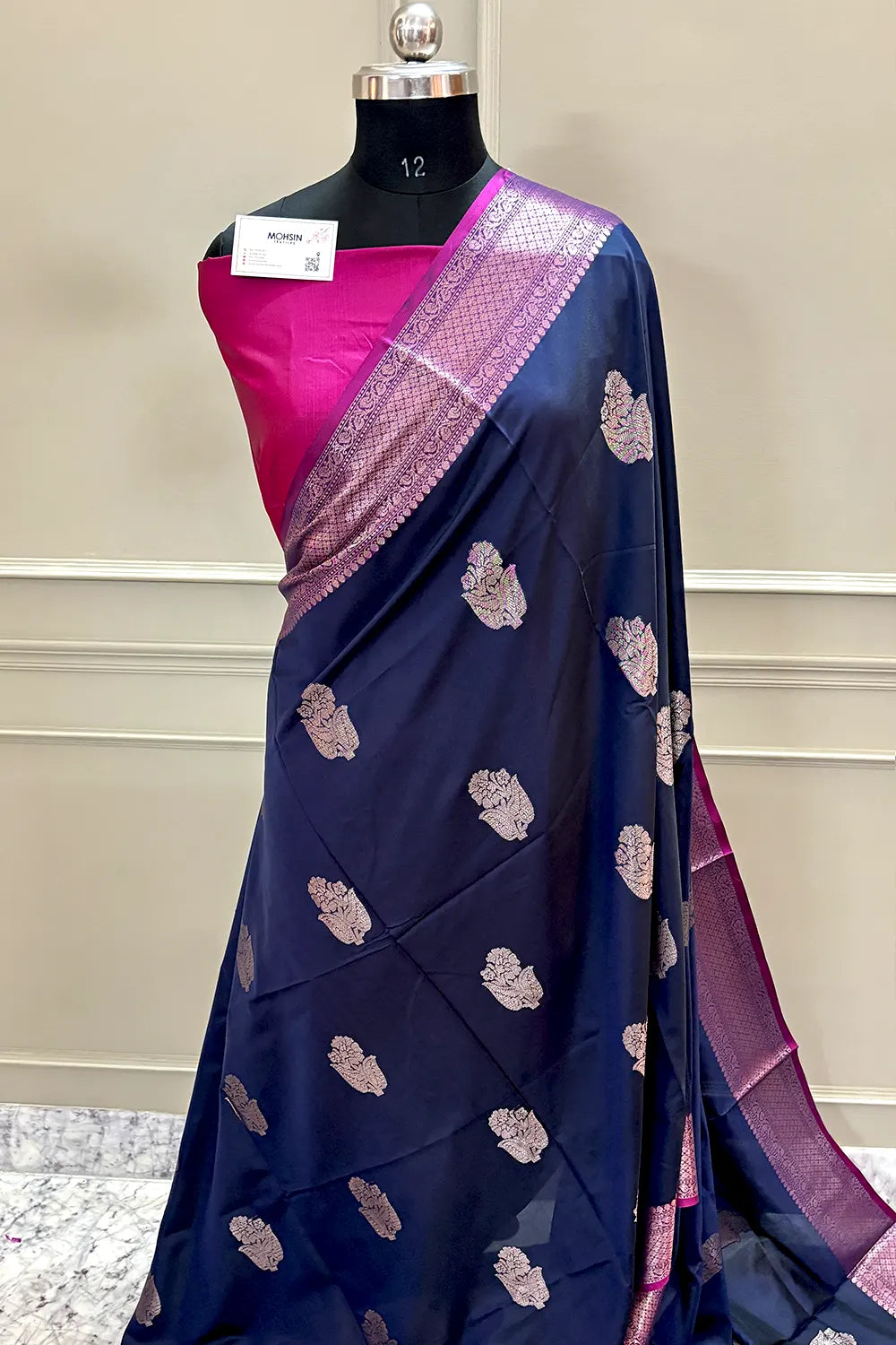 Navy Blue and Pink Zari Banarasi Silk Saree