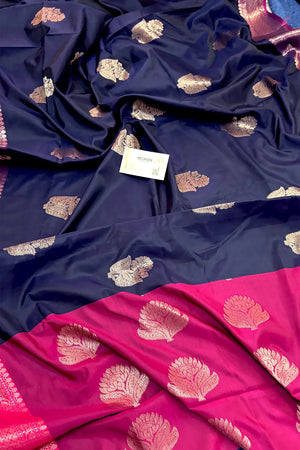 Navy Blue and Pink Zari Banarasi Silk Saree