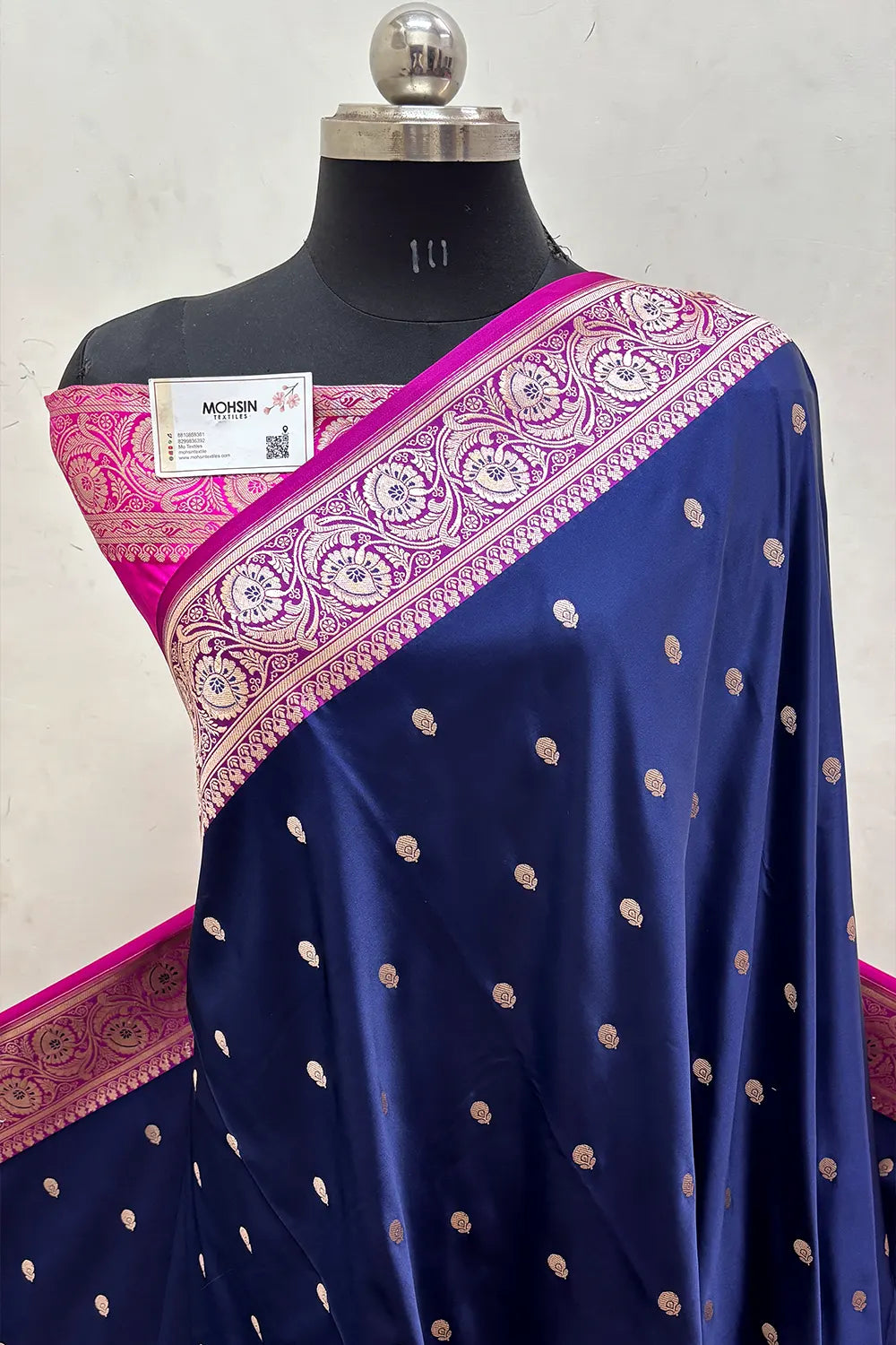 Navy Blue and Pink Zari Katan Mashru Silk Banarasi Saree