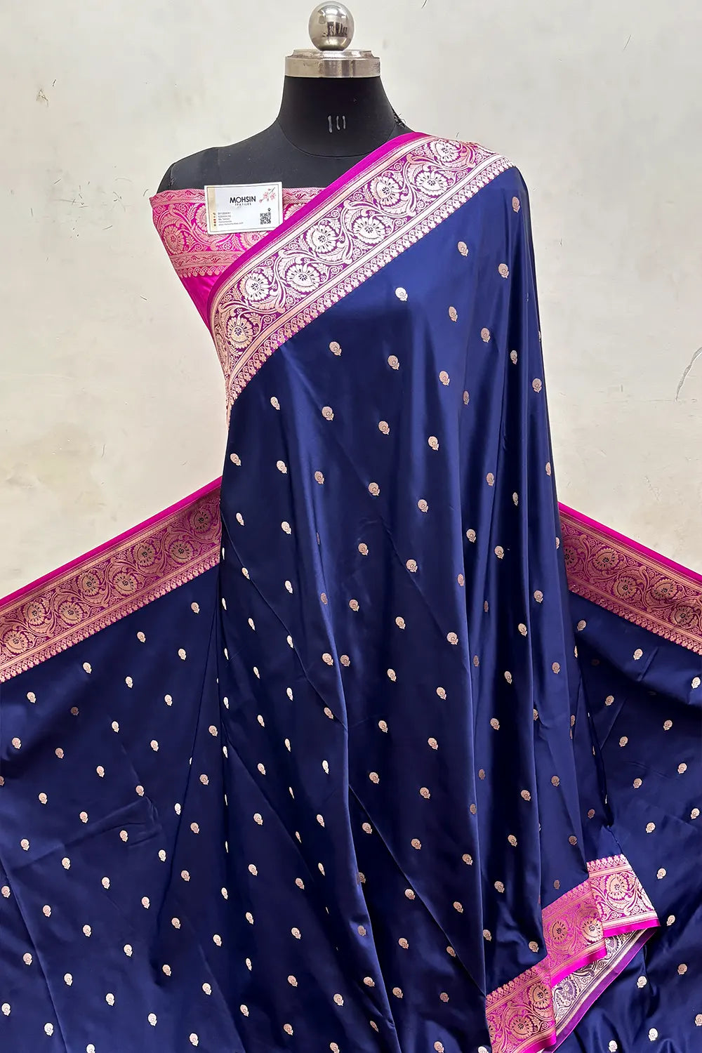 Navy Blue and Pink Zari Katan Mashru Silk Banarasi Saree