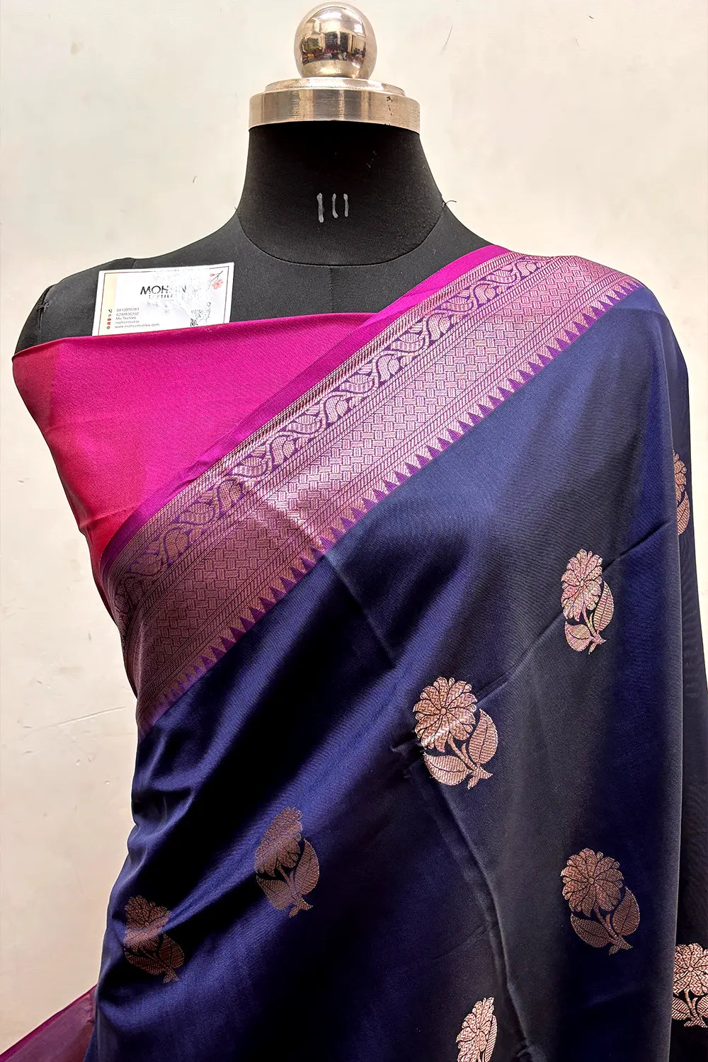 Navy Blue and Pink Zari Semi Katan Silk Banarasi Saree