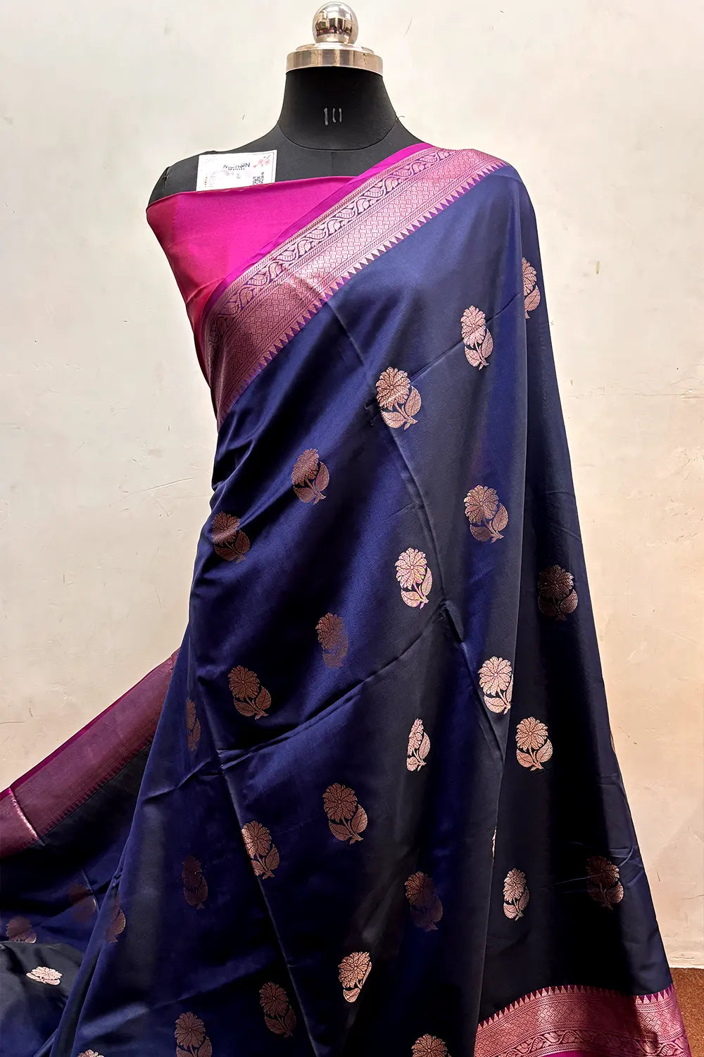 Navy Blue and Pink Zari Semi Katan Silk Banarasi Saree