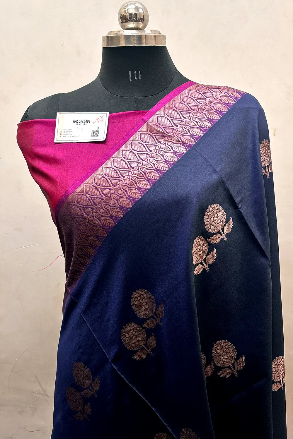 Navy Blue and Pink Zari Semi Katan Silk Banarasi Saree
