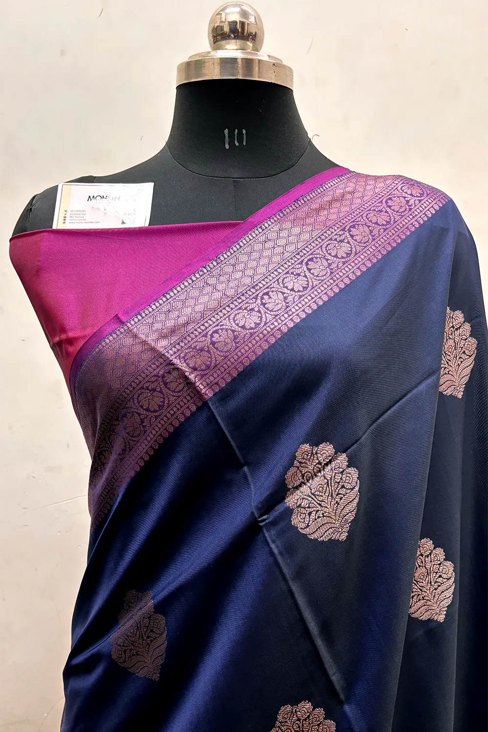 Navy Blue and Pink Zari Semi Katan Silk Banarasi Saree
