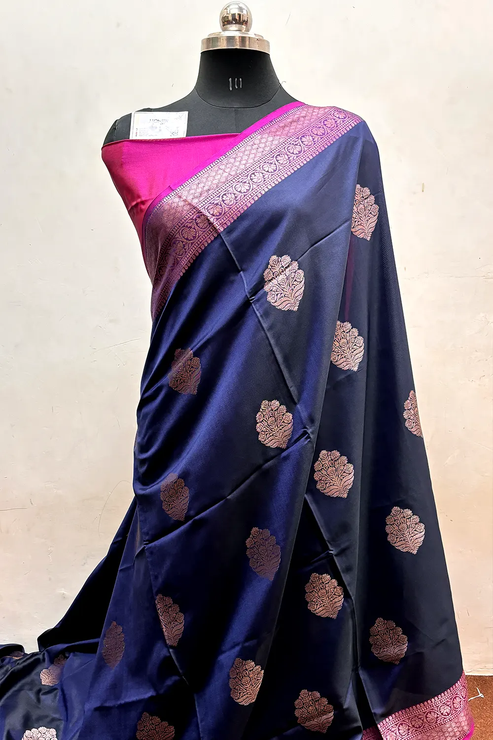 Navy Blue and Pink Zari Semi Katan Silk Banarasi Saree