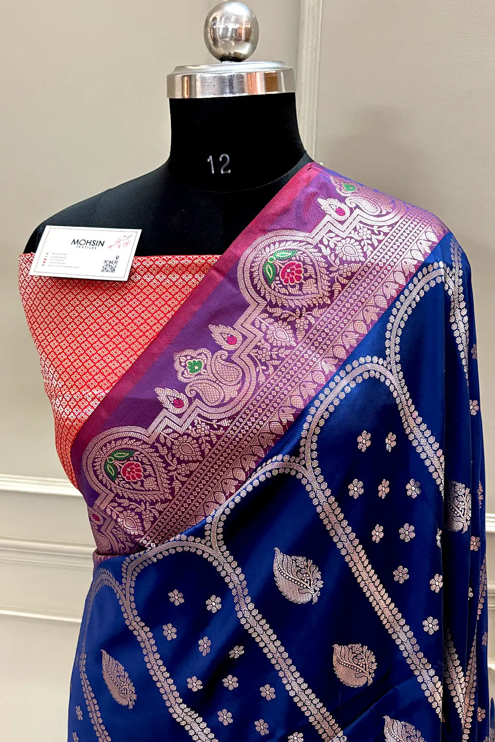 Navy Blue and Red Zari Banarasi Silk Saree