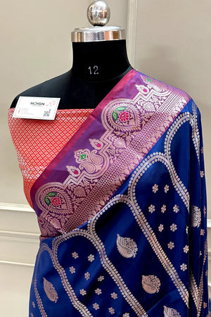 Navy Blue and Red Zari Banarasi Silk Saree