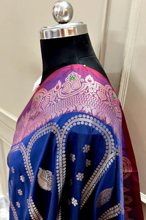 Navy Blue and Red Zari Banarasi Silk Saree