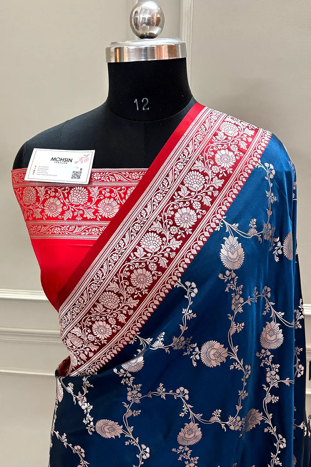 Navy Blue and Red Zari Katan Silk Banarasi Saree