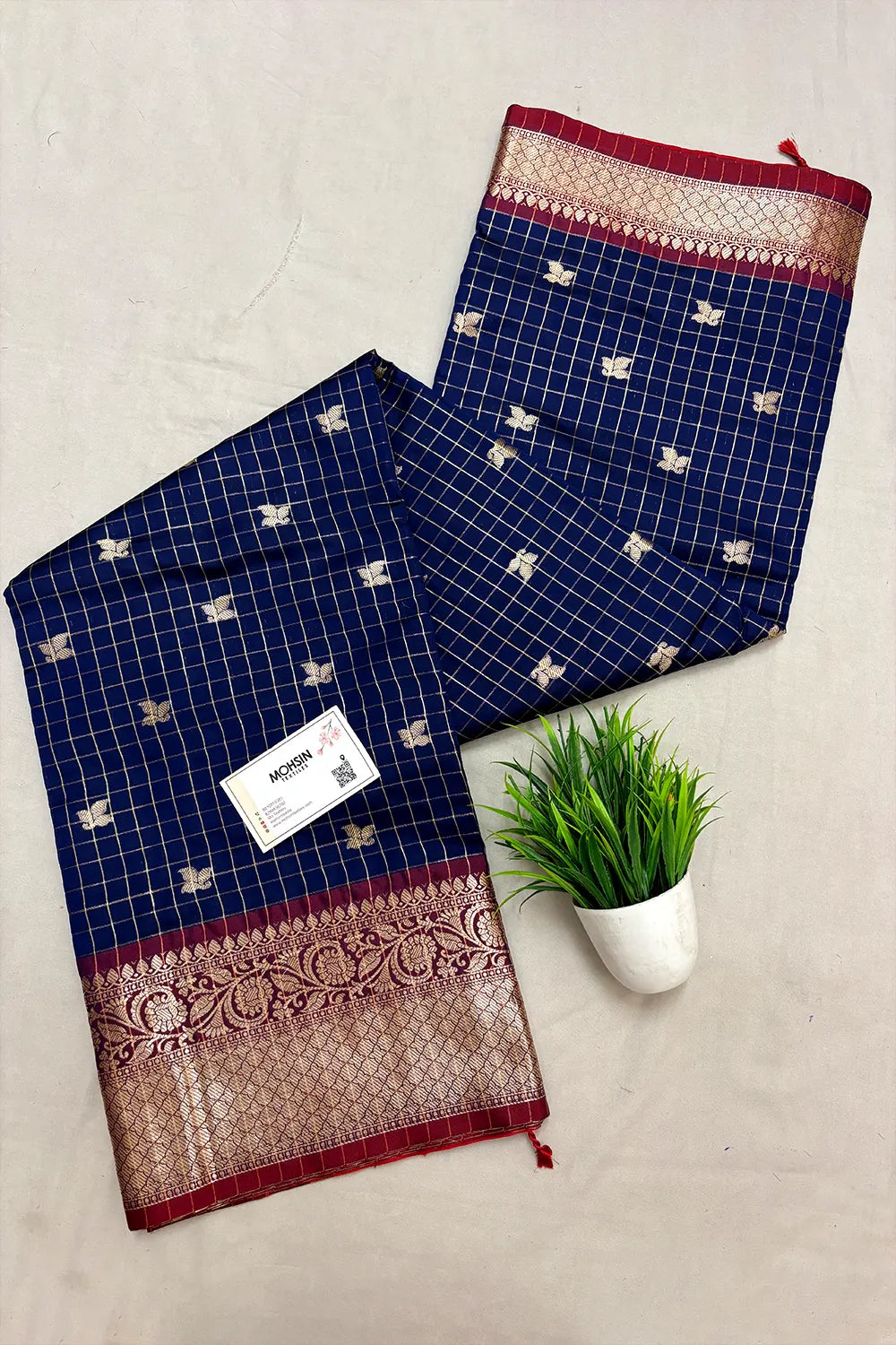 Navy Blue and Red Zari Semi Katan Silk Banarasi Saree
