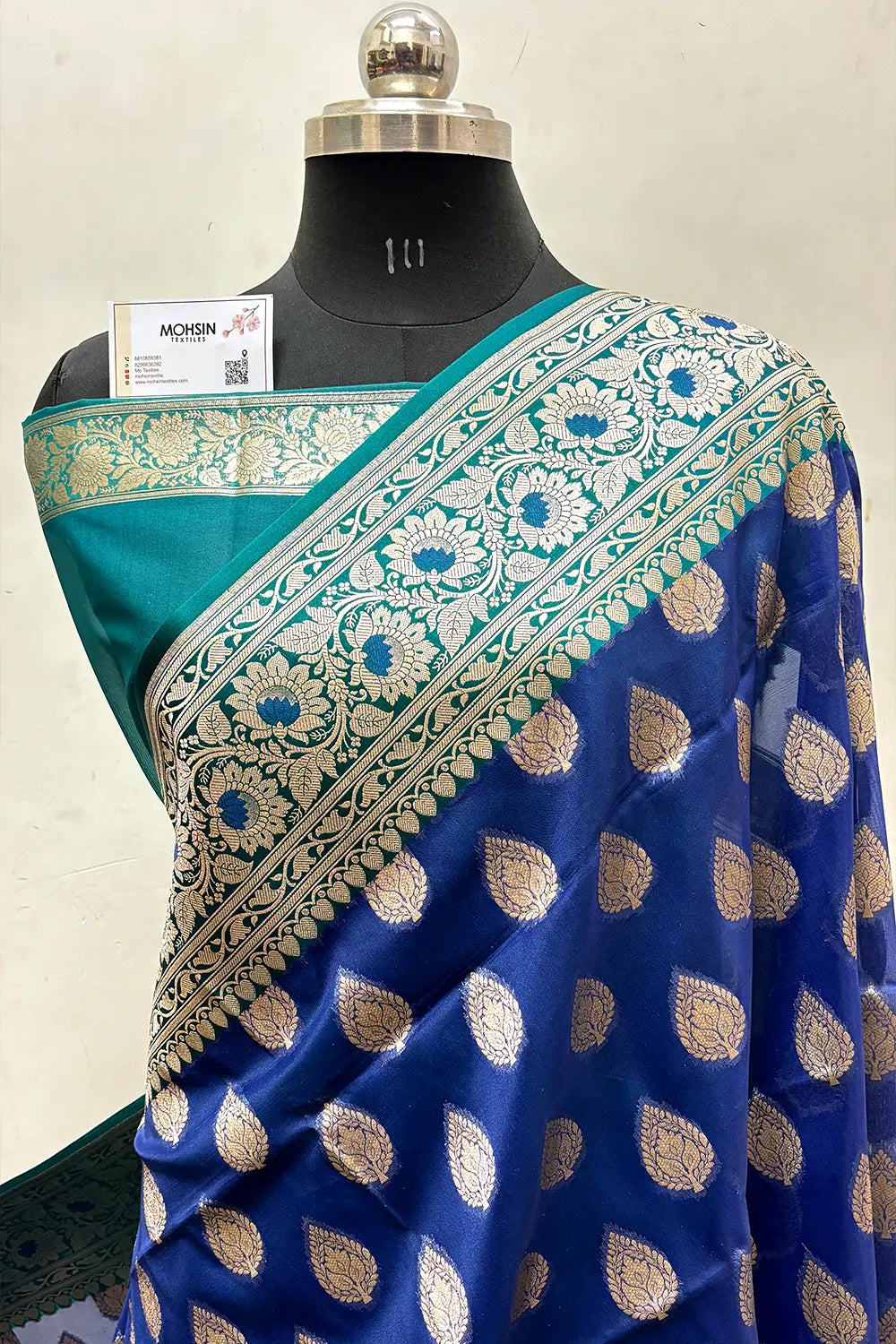 Navy Blue and Teal Organza Silk Banarasi Saree