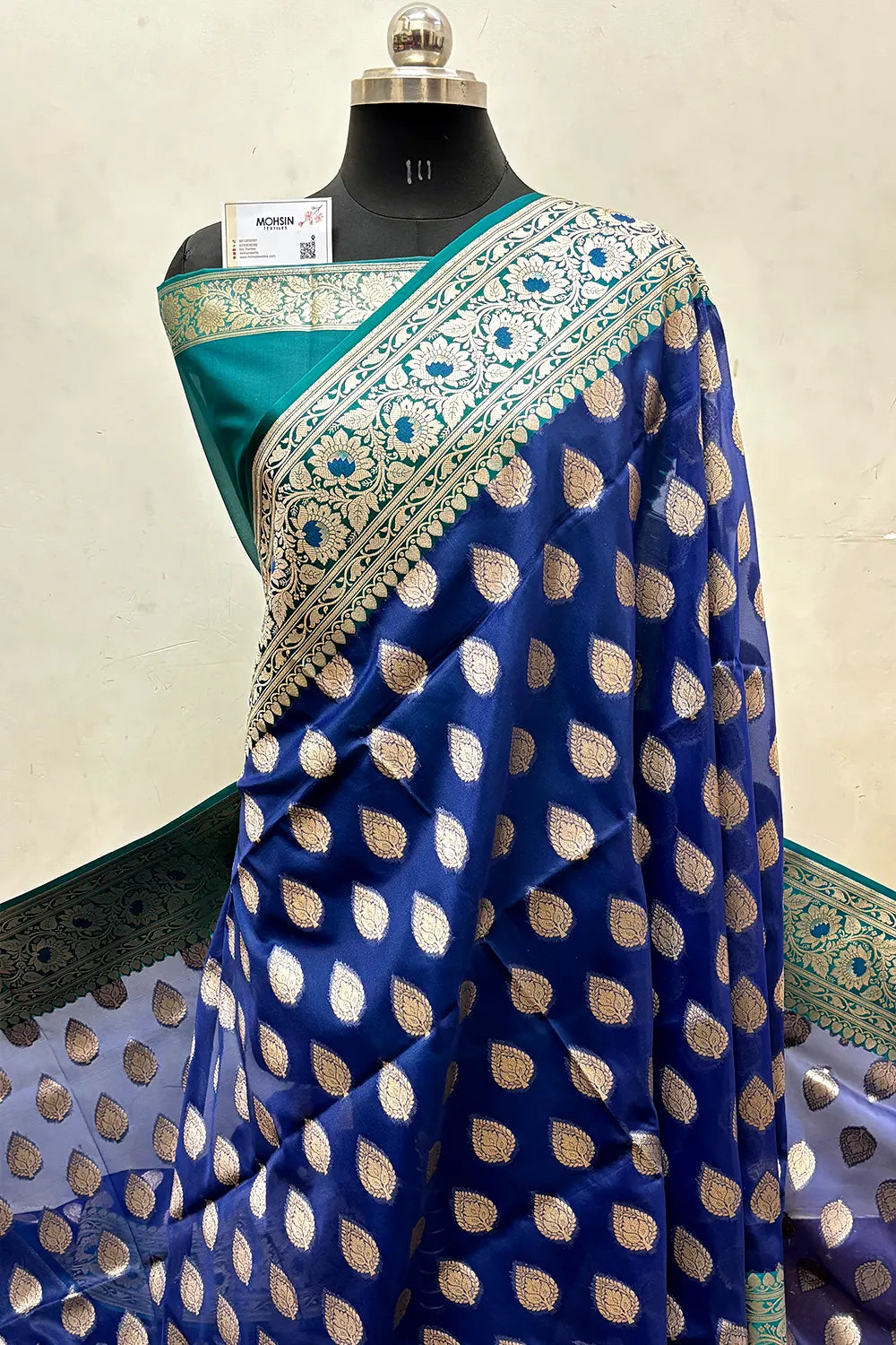 Navy Blue and Teal Organza Silk Banarasi Saree