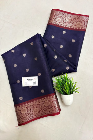 Navy Blue and Wine Zari Semi Katan Silk Banarasi Saree