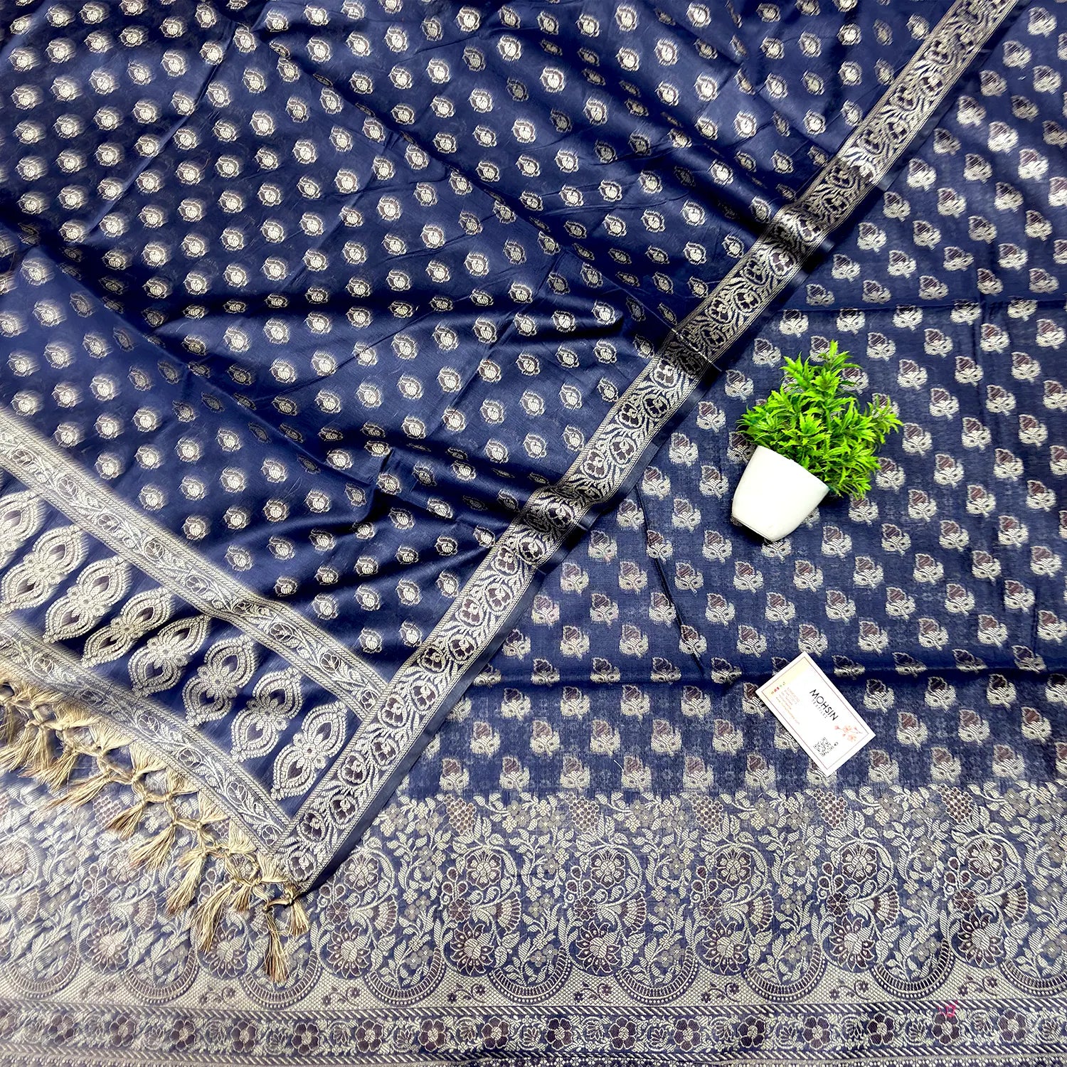 Navy Blue Angoori Buti Cotton Silk Banarasi Suit