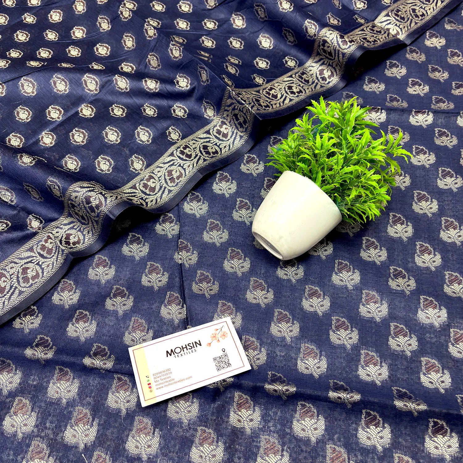 Navy Blue Angoori Buti Cotton Silk Banarasi Suit