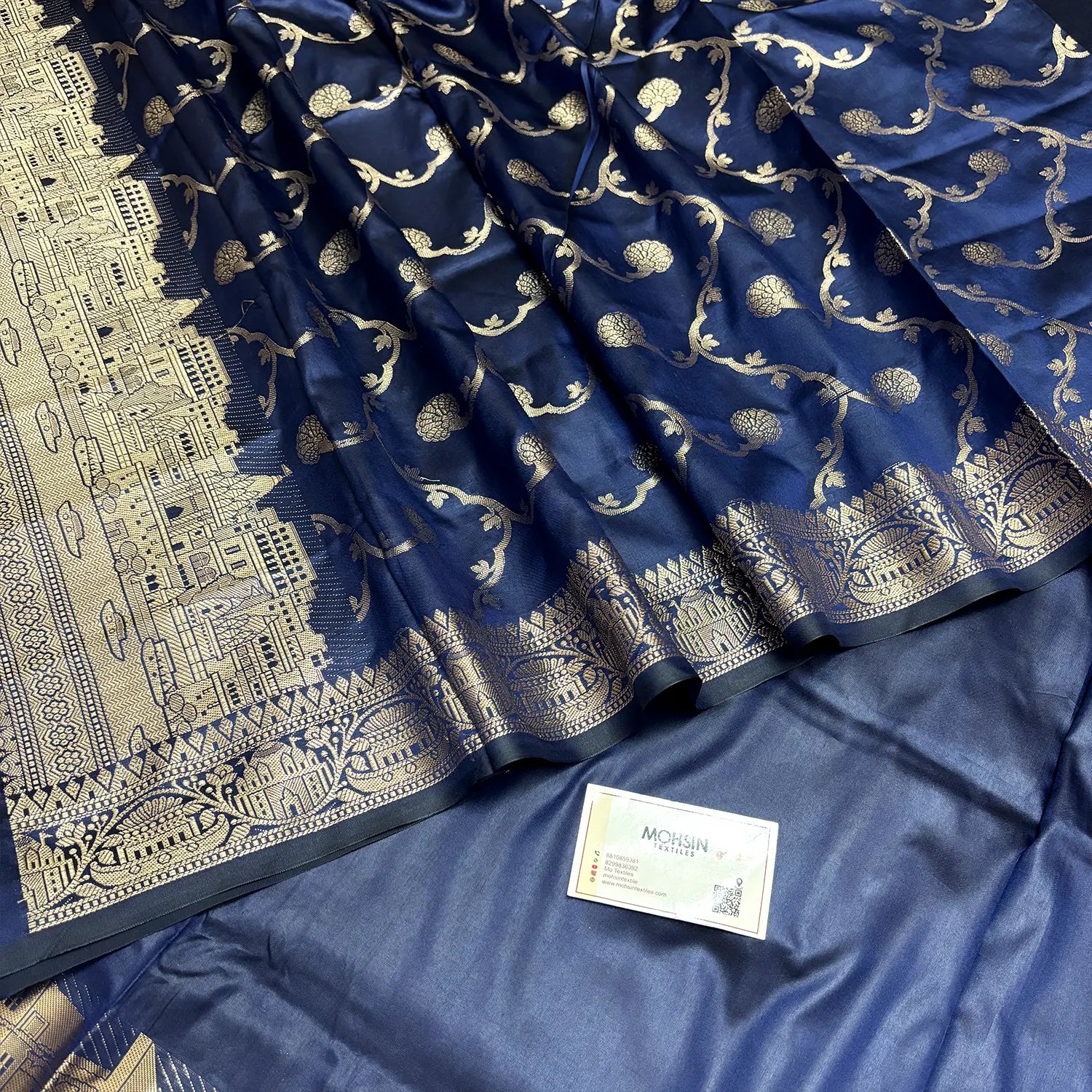 Navy Blue Assi Ghat Plain Semi Katan Silk Banarasi Suit