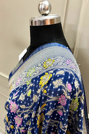 Navy Blue Bandhej Meena Georgette Silk Banarasi Saree