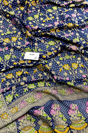 Navy Blue Bandhej Meena Georgette Silk Banarasi Saree