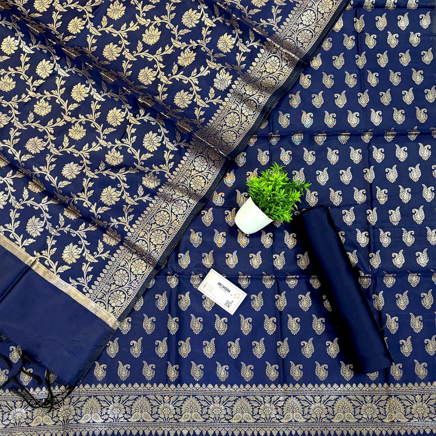 Navy Blue Chirag Buti Satin Silk Banarasi Suit