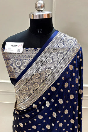 Navy Blue Chunni Munni Buti Katan Silk Banarasi Saree