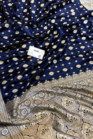Navy Blue Chunni Munni Buti Katan Silk Banarasi Saree