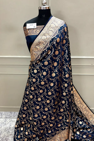 Navy Blue Churmuri Jaal Katan Silk Banarasi Saree
