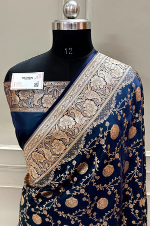 Navy Blue Churmuri Jaal Katan Silk Banarasi Saree