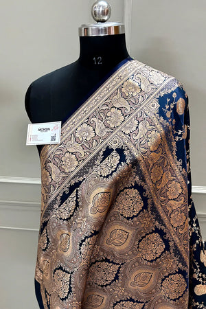 Navy Blue Churmuri Jaal Katan Silk Banarasi Saree