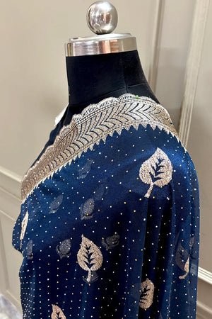 Navy Blue Embordiery Siroski Work Silk Saree